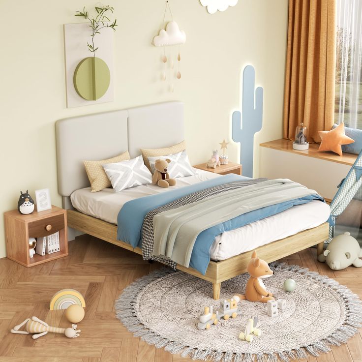 a bed room with a neatly made bed and toy animals on the floor next to it