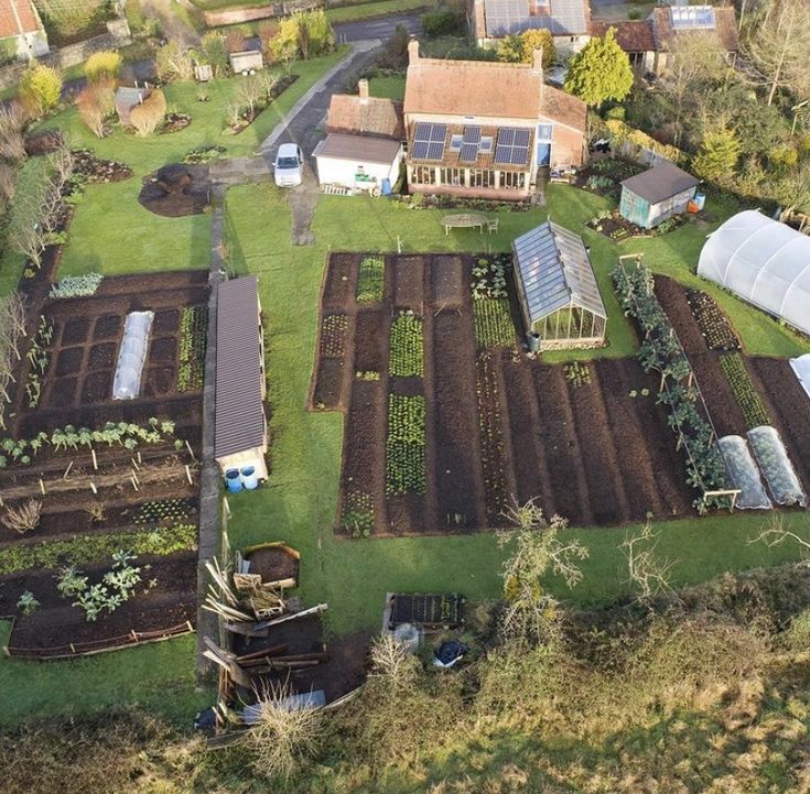 an aerial view of a vegetable garden in the middle of a rural area with houses and trees