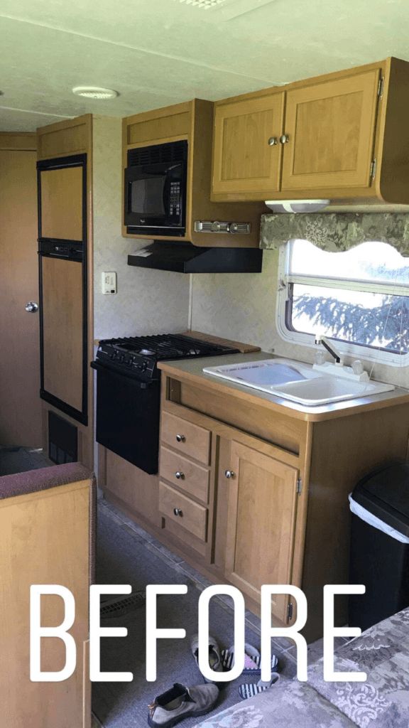 an rv kitchen is shown with the words before and after it's remodeling