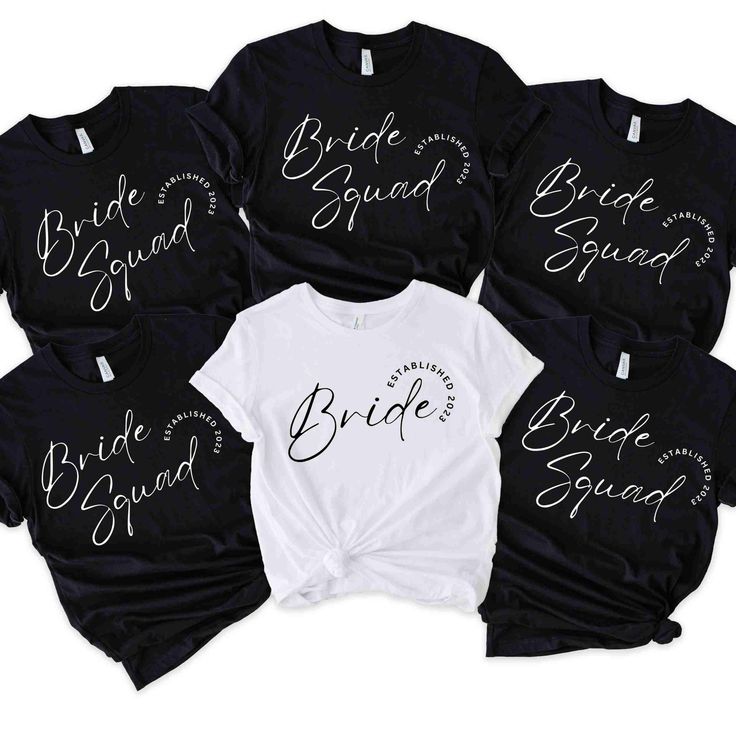 four bride squad shirts with the words, bridal squad on them in white and black