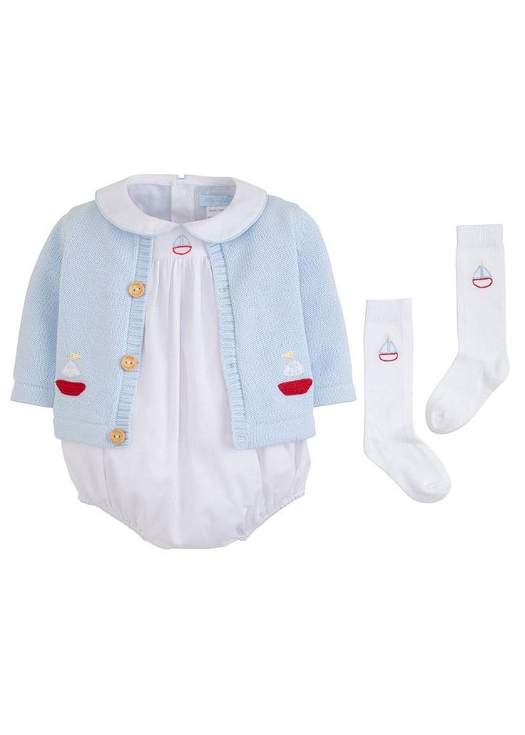 Celebrate Baby Sailboat Gift Set features a coordinating London Bubble, Crochet Sweater, and Embroidered Knee High for a complete outfit set. Shop Now! Traditional Baby Boy Clothes, Bubble Crochet, Boys Boutique Clothing, Baby Layette Set, Luxury Baby Gifts, Baby Layette, Birthday Event, Layette Set, Luxury Baby