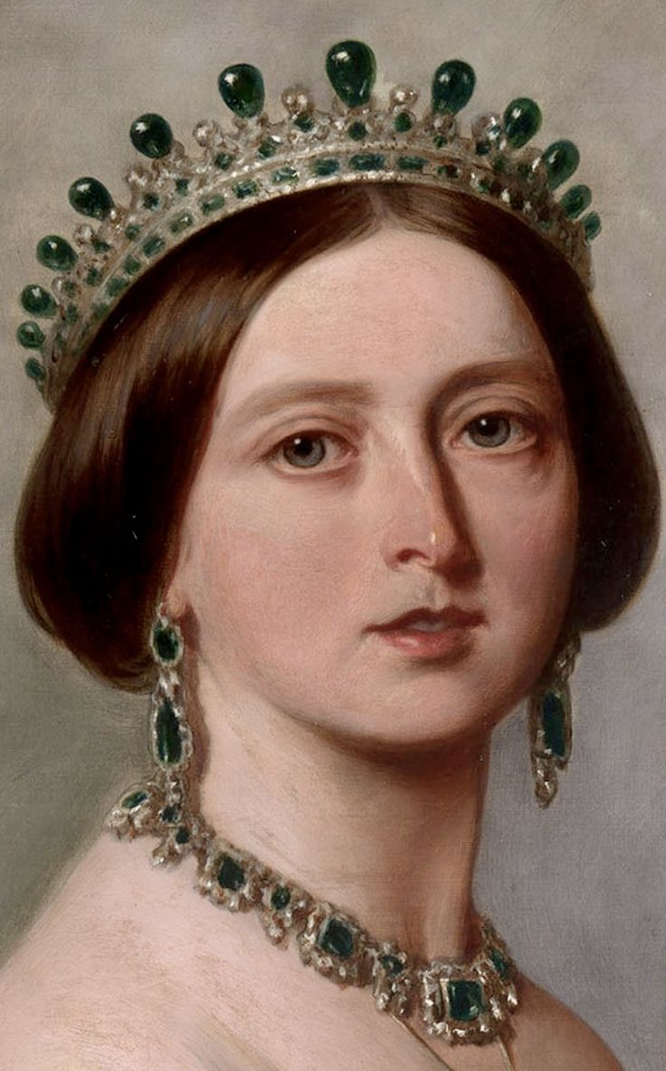 a painting of a woman wearing a tiara with emeralds and pearls on her head