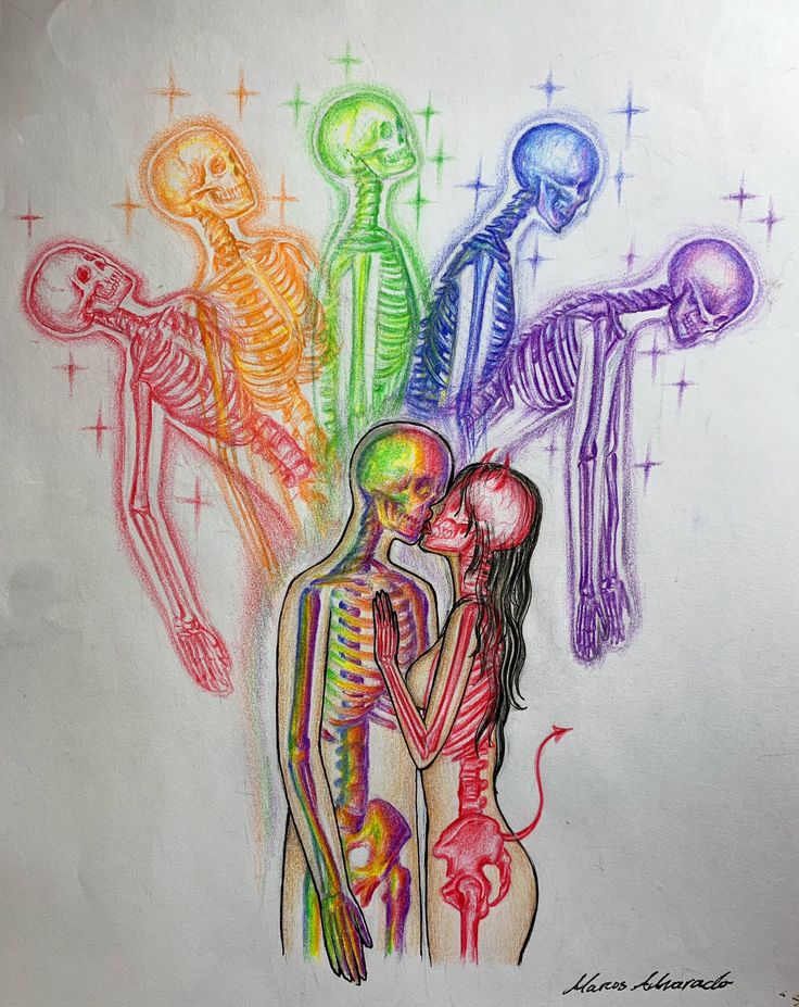 a drawing of two people kissing in front of skeleton bones and rainbow colors on a white background