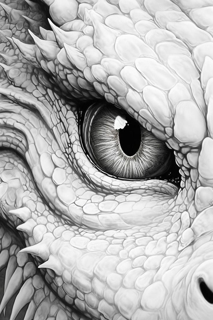 the eye of a dragon is shown in this black and white drawing by artist mark stewart