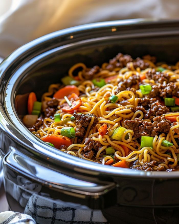 a slow cooker filled with noodles and meat, including carrots and green peppers