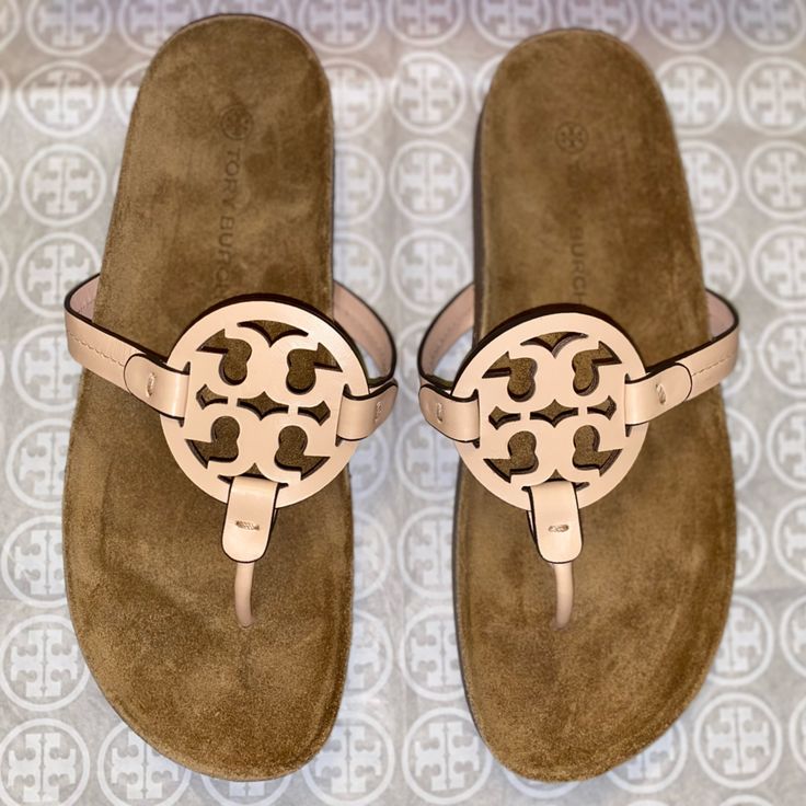 100% Authentic And Brand New With Box. Price Firm Beige Sandals With Leather Lining And Round Toe, Beige Round Toe Sandals With Leather Lining, Cream Leather Sandals With Textured Footbed, Beige Designer Sandals With Cushioned Footbed, Classic Cream Leather Sandals, Tory Burch Charm Mules, Tory Burch Miller, Tory Burch Shoes, Leather Sandals