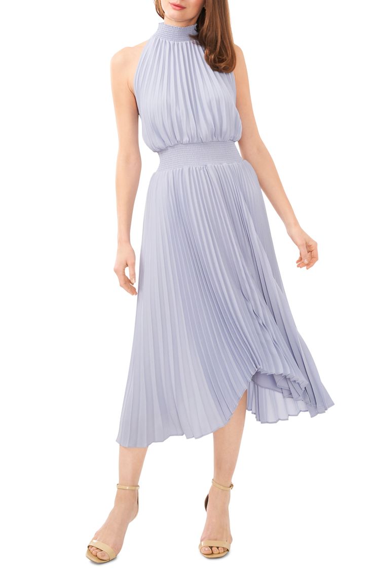 Elegant accordion pleats have a ball on an event-ready midi dress elevated by stretchy smocking at the neckline and waist. 43" to 48" center front length (size Medium) Mock neck Sleeveless, with cutaway shoulders Lined 100% polyester Machine wash, tumble dry Imported Spring Dresses With Pleated Waist And Stretch, Spring Stretch Dress With Pleated Waist, Spring Midi Dress With Pleated Waist And Stretch, Spring Stretch Midi Dress With Pleated Waist, Spring Pleated Dress For Daywear, Spring Daywear Pleated Dress With Pleated Back, Spring Midi Dress With Pleated Waist And Flowy Skirt, Chic Stretch Midi Dress With Pleated Waist, Stretch Pleated Midi Dress