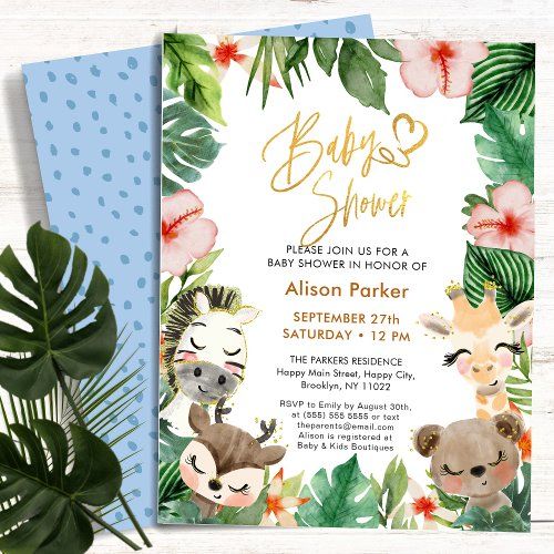 a baby shower with animals and flowers on it