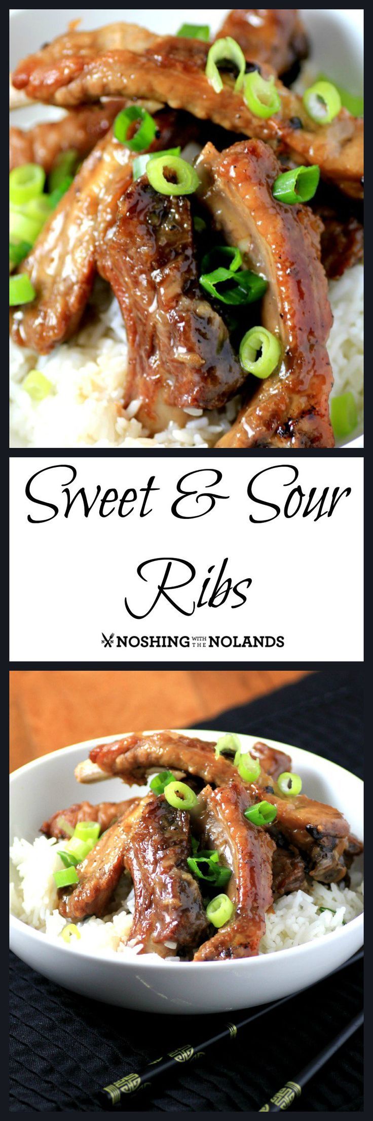 sweet and sour ribs served over rice with green onions