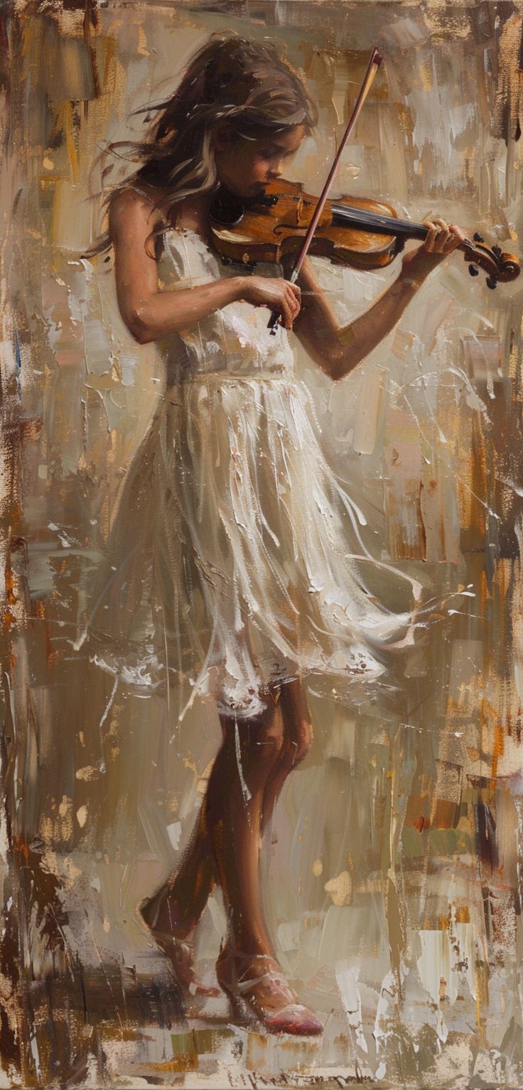 a painting of a girl in white dress holding a violin and looking down at the ground