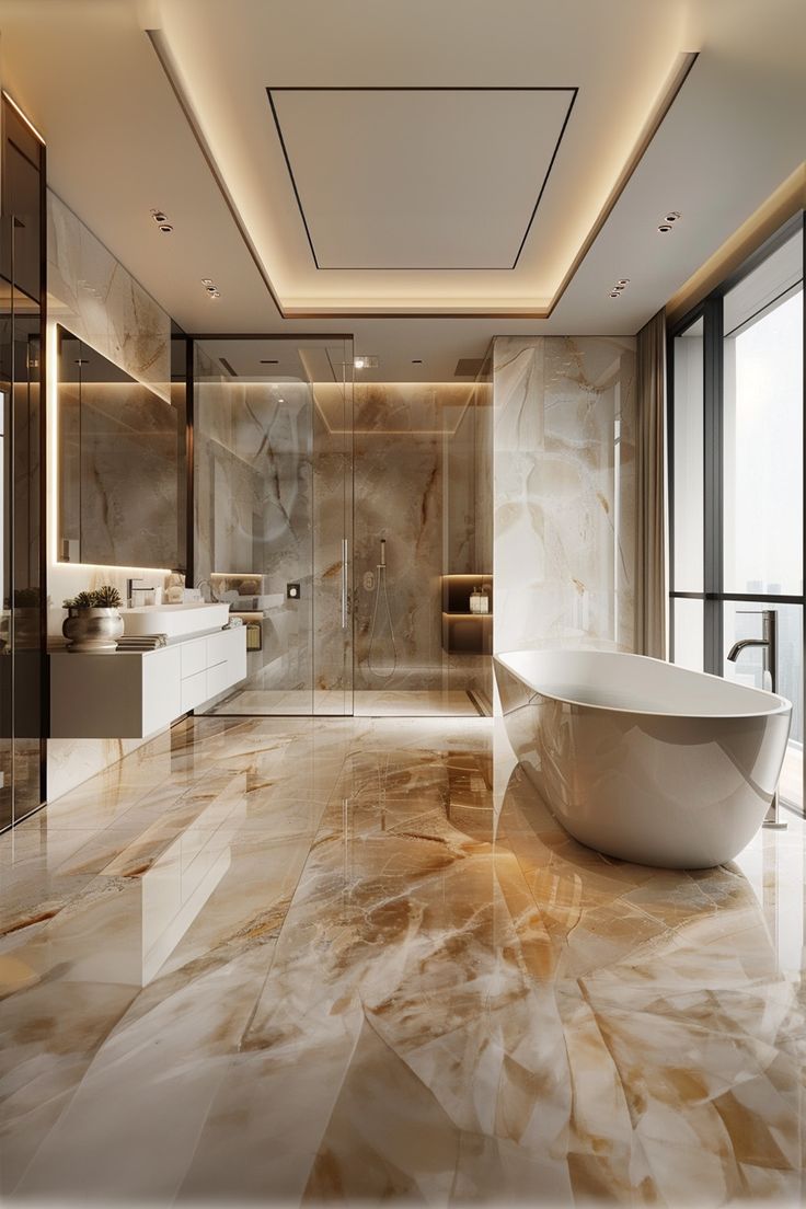 an elegant bathroom with marble floors and large bathtub in the center, lighted by recessed lighting