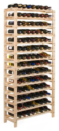 a wooden wine rack filled with lots of bottles