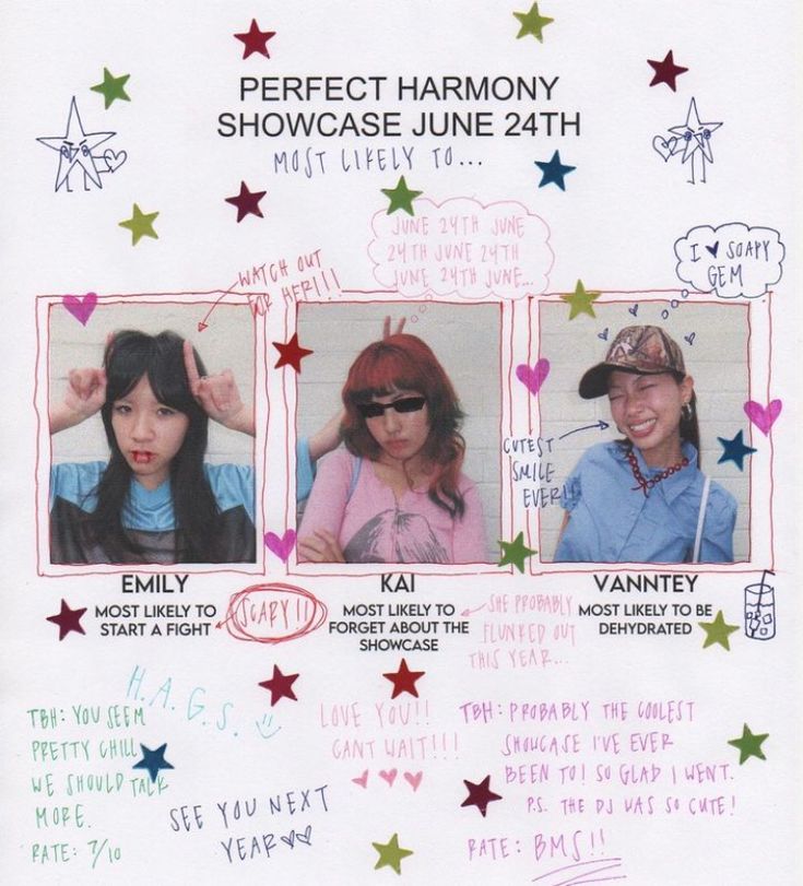 an advertisement for the perfect harmony show featuring two young women with stars on their foreheads