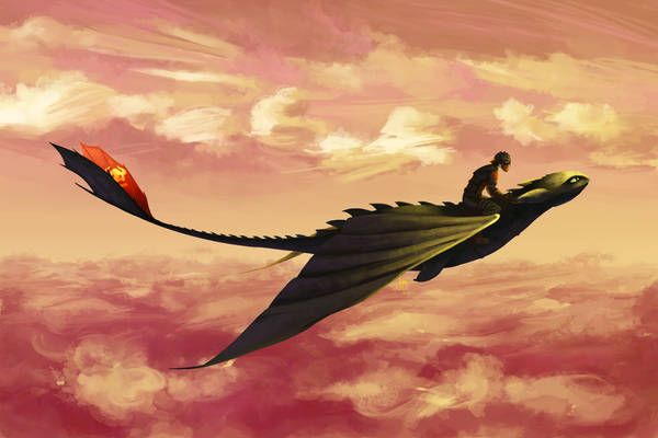 a man riding on the back of a dragon flying in the sky with clouds behind him