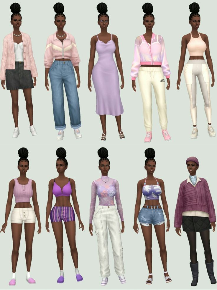 several different types of clothes for females in various colors and sizes, all with short hair