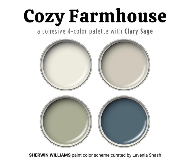 four paint colors with the words cozy farmhousee above them