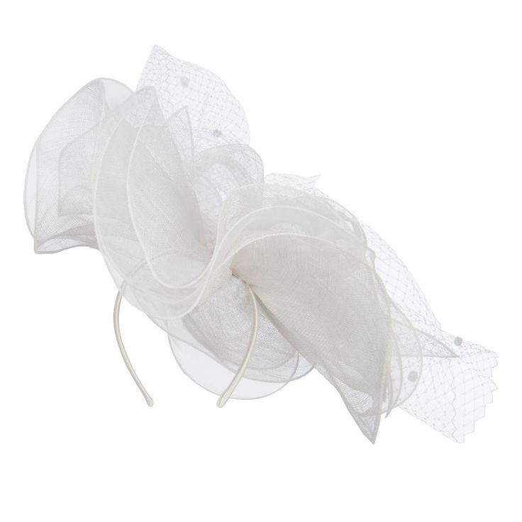 Flower Net Sinamay FascinatorMade of 100% sinamay.One size fits most women with a flexible headband, fitting up to XL.Adult/Woman.Headband measures 0.5 inches wide.Decoration measures around 16 x 16 inches.Hand wash only.Imported. Decorative headband fascinator for ladies' special outings.Headband is flexible.Headband is accented with a big flower on one side.Flower decoration is detailed with a net and pom poms.Our beautiful fascinator can be worn to weddings, garden outings, tea parties, costu Elegant Spring Fascinator With Matching Headband, Adjustable White Hair Accessories For Spring, Elegant Hair Accessories For Spring Ceremonies, Elegant Spring Ceremony Hair Accessories, Elegant Summer Fascinator With Matching Headband, Adjustable Headband For Wedding In Spring, Adjustable Headband For Spring Wedding, Evening Hair Accessories With Matching Headband For Spring, White Summer Wedding Headband