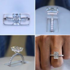 four different views of an engagement ring and wedding band, with diamonds on each side