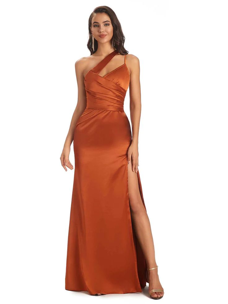 Elegant Soft Satin Side Slit One Shoulder Floor-Length Mermaid prom Dresses - ChicSew Brown Bridesmaid Dresses, Bridesmaid Dresses Dusty Sage, Sage Bridesmaid Dresses, Side Split Dress, Bridesmaid Dresses Uk, Mermaid Bridesmaid, Prom Dresses Long Mermaid, Mermaid Bridesmaid Dresses, Maxi Bridesmaid Dresses