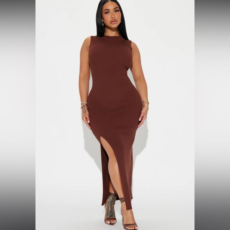 Brand New Only Tried On Stretchy, Comfortable Exactly As Pictured Casual Bodycon Dress With Side Slits For Night Out, Fitted Brown Dress With Side Slits, Fitted Brown Dresses With Side Slits, Sleeveless Brown Maxi Dress For Night Out, Casual Brown Maxi Dress For Night Out, Sweater Maxi Dress, Fashion Nova Dress, Brown Fashion, Matching Dresses