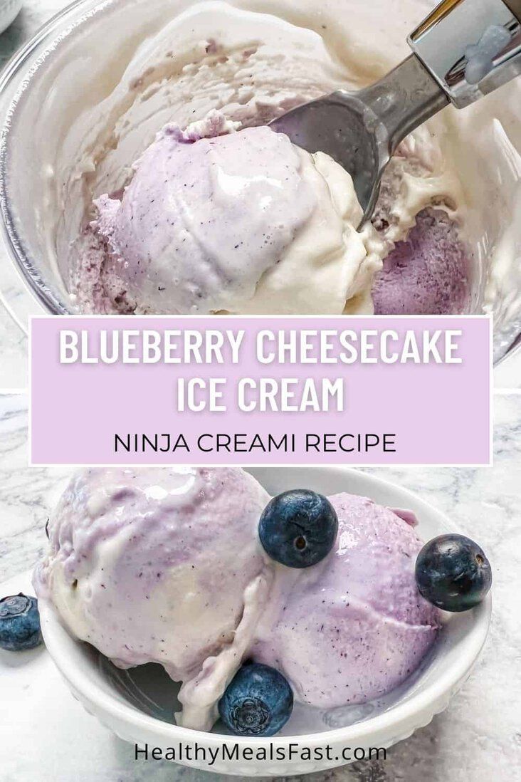 blueberry cheesecake ice cream in a white bowl with a scoop of ice cream