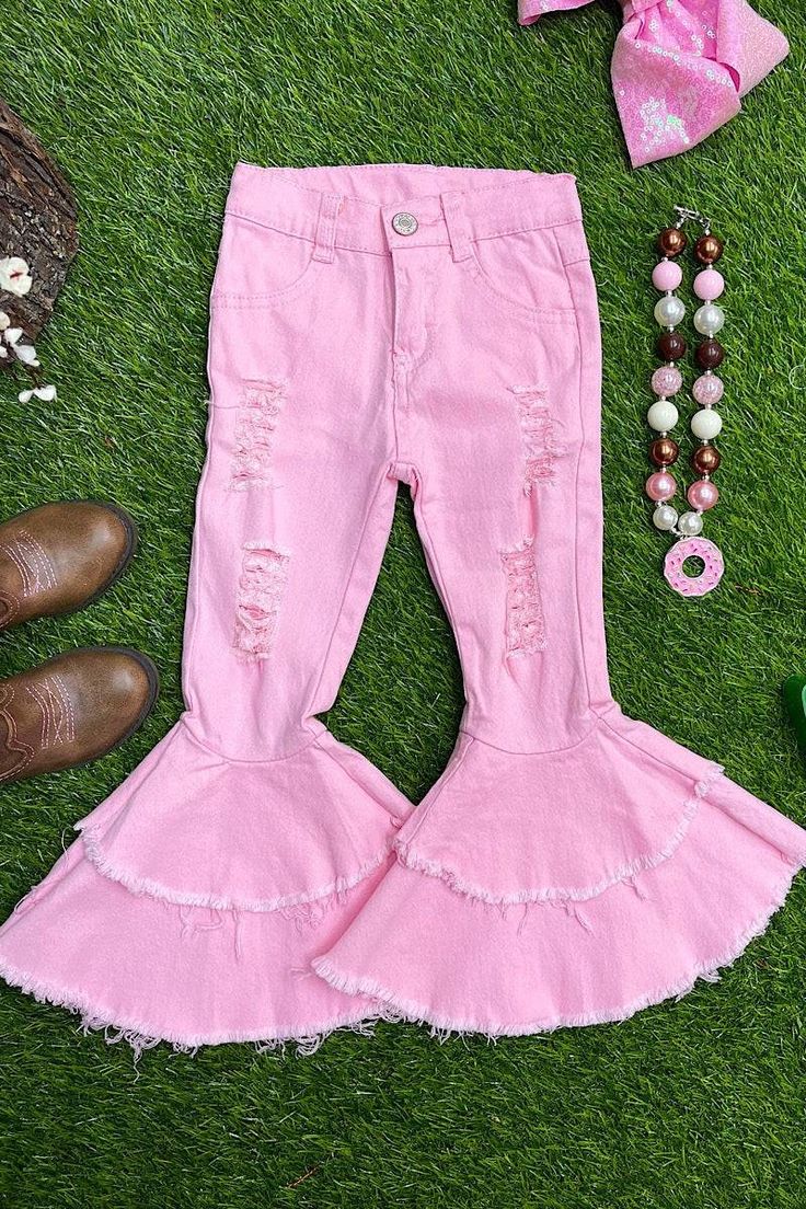 1 pair of hot pink OR light pink bell bottoms Trendy Summer Flares With Flared Hem, Trendy Summer Cotton Flares, Casual Pink Flare Jeans For Summer, Spring Non-stretch Flared Hem Pants, Trendy Spring Cotton Flares, Trendy Flared Hem Summer Pants, Casual Pink Flare Jeans For Spring, Trendy Cotton Flares For Spring, Pink Flare Cotton Jeans