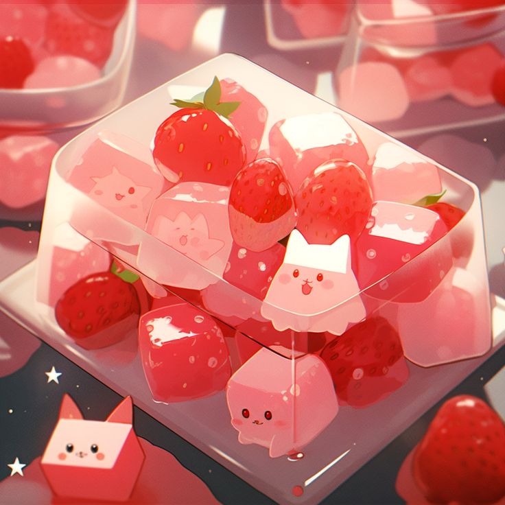 there are strawberries in the shape of cats and kittens on this plate,