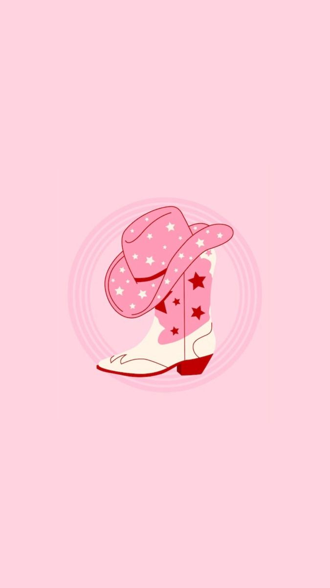 a pink cowboy boot with stars on the side and a hat on top, against a light pink background