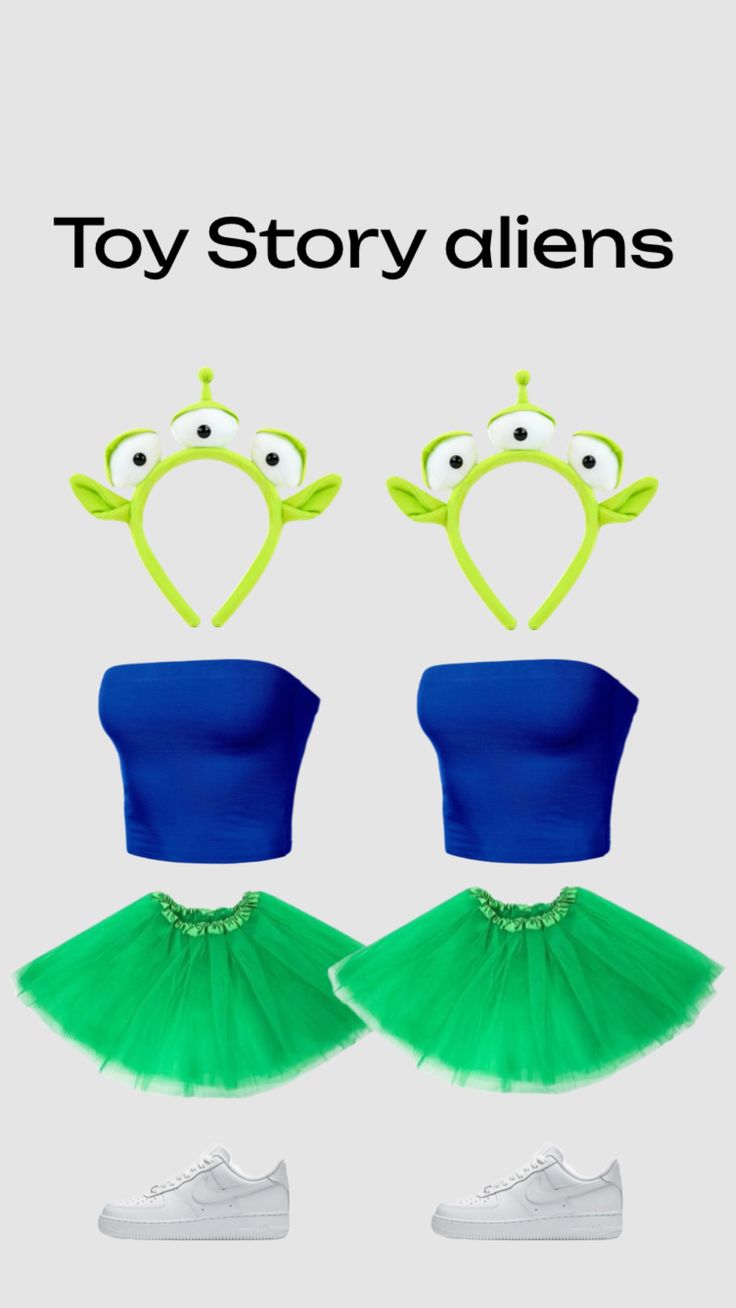 an advertisement for toy story aliens with two green and blue tutu skirts