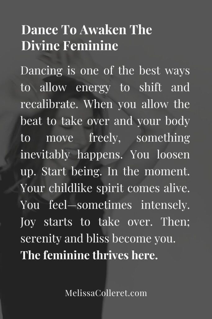 a woman in black and white with the words dance to awake the divine femininee