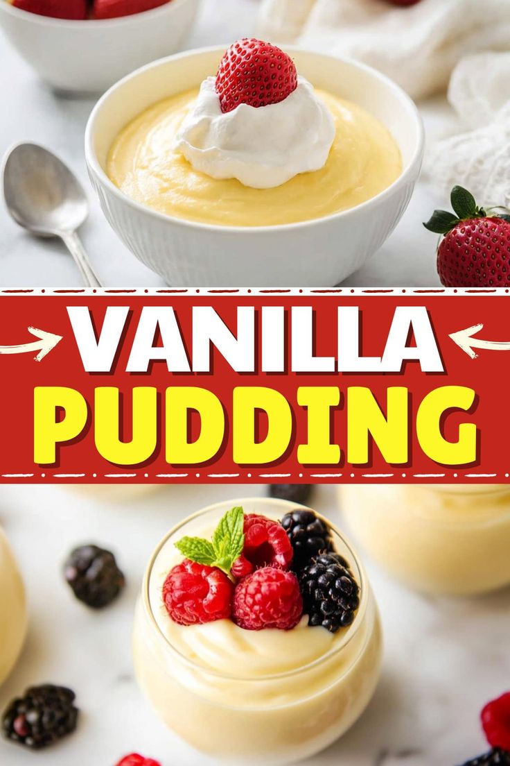 vanilla pudding with berries and whipped cream on top