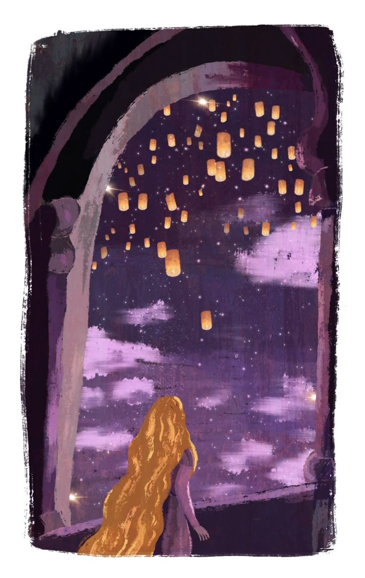 a painting of a woman looking out at lanterns floating in the sky