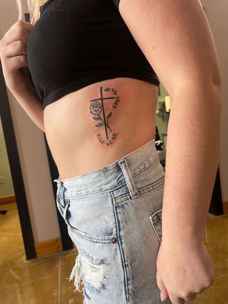 #tattoo #cross #deathdate #tattoofordad Rib Tattoo For Lost Loved One, Rose Tattoo For Passed Loved Ones, Cross Rip Tattoo, Rose Tribute Tattoos, Tattoo Losing A Loved One, Tattoo To Represent Parents, Rose Tattoo For Lost Loved One, Memorial Tattoo Grandfather, Tattoo Ideas For Dead Relative