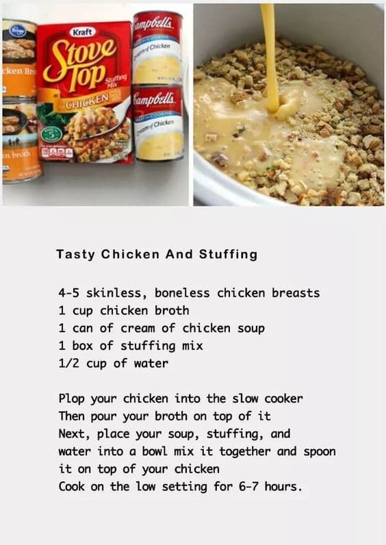 the instructions for how to make tasty chicken and stuffing