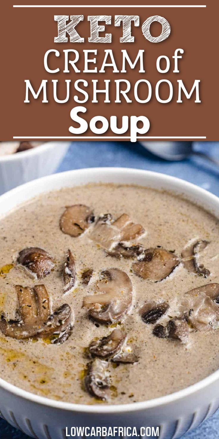 a white bowl filled with mushroom soup on top of a blue table cloth