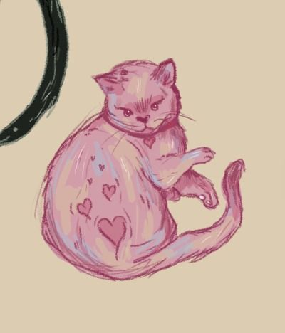 a drawing of a cat with hearts on it's back sitting next to a black circle