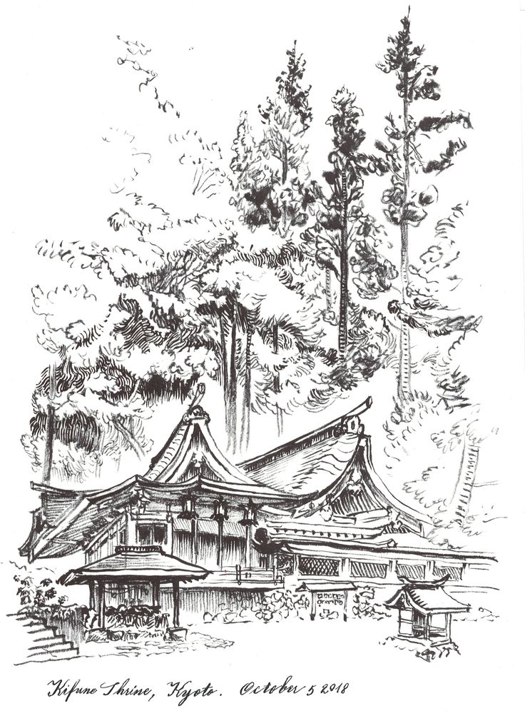 an ink drawing of a house in the woods