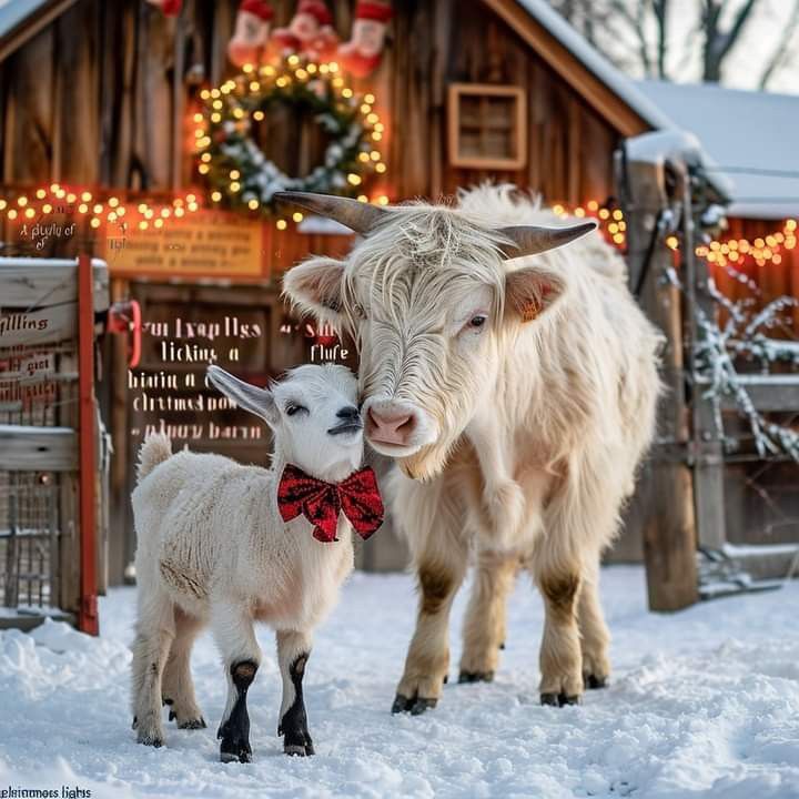 a baby goat standing next to an adult sheep in front of a christmas sign with lights