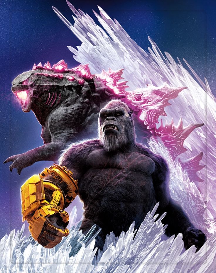 two godzillas standing next to each other on ice