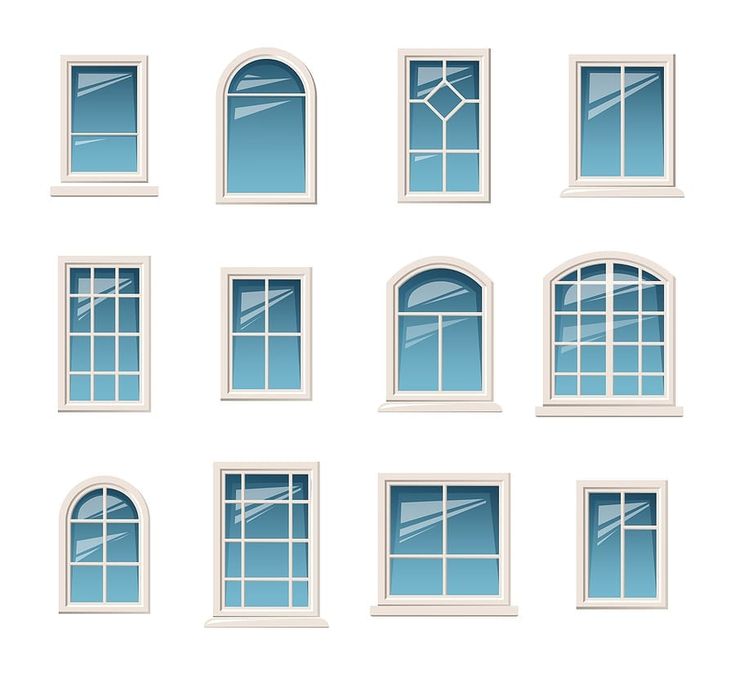 twelve windows with different shapes and sizes on a white background, set of nine window panes