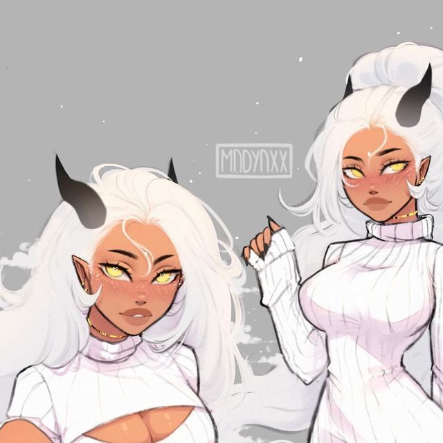 two anime characters with horns and white hair