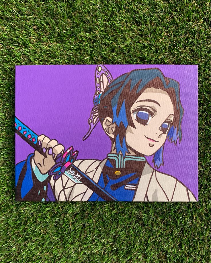 a painting of a woman with blue hair holding a baseball bat and butterfly on her shoulder