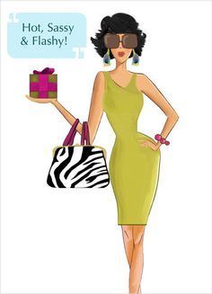 a woman in a green dress holding a zebra print purse and a gift box with the words hot, sasy & flashy on it