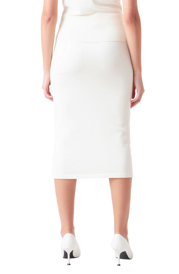 Update your midi skirt for sweater weather with this cozy knit version fashioned in a pencil silhouette. Pull-on style 90% rayon, 9% nylon, 1% spandex Hand wash, dry flat Imported White Relaxed Fit Midi Pencil Skirt, Chic Stretch Midi-length Pencil Skirt, Chic Stretch Midi Length Pencil Skirt, White Fitted Midi Length Bottoms, Chic Bodycon Midi Length Skirt, Stretch Midi Pencil Skirt In Solid Color, Spring Midi Pencil Skirt In Elastane, Spring Midi Elastane Pencil Skirt, Spring Midi Pencil Skirt