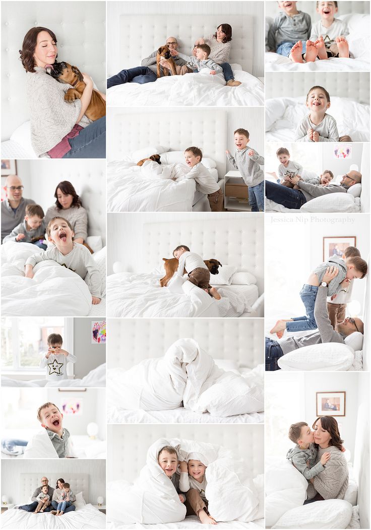 a collage of photos with people and their dogs in the bed, one woman is holding her dog