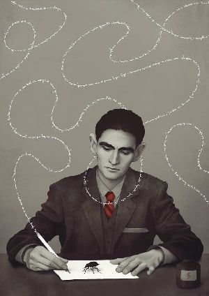 a man in a suit sitting at a desk with writing on it