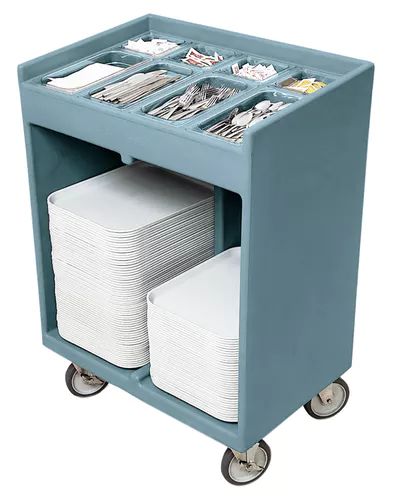 a blue cart with lots of white napkins on it's sides and wheels