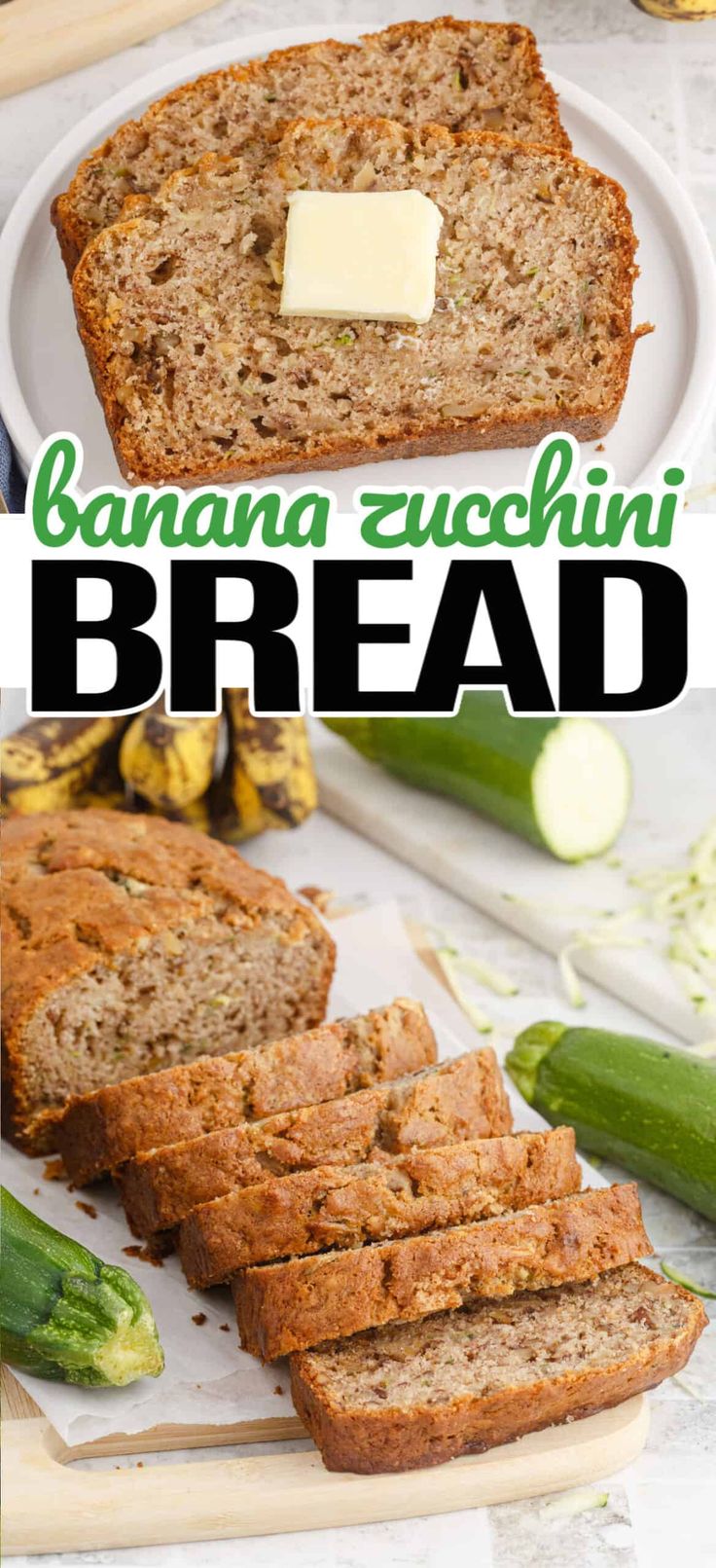 banana zucchini bread on a cutting board with sliced zucchini