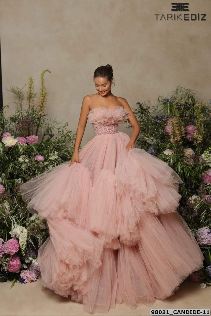 Tarik Ediz Evening Dress Tarik Ediz: 98031- Candide Ruffled Tulle Dress, Ruffled Formal Dress, Tool Dress Tulle, Flower Ruffle Dress, Big Tulle Dress, Big Dress Poses, Puffy Dresses Ball Gowns, Formalite Dress, Pink Ballgown Dress