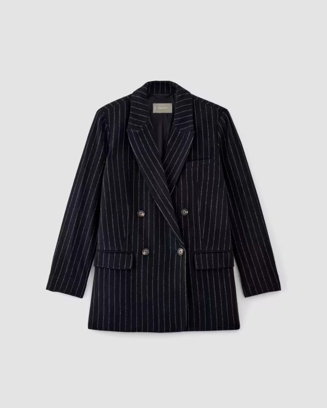 The ReWool® Double-Breasted Blazer Navy / Bone – Everlane Pinstripe Business Blazer For Fall, Pinstripe Blazer With Double Button Closure For Fall, Fall Pinstripe Office Suits, Fall Office Pinstripe Suits, Tailored Pinstripe Blazer For Fall, Pinstripe Outerwear With Welt Pockets For Fall, Classic Pinstripe Blazer For Fall, Winter Pinstripe Suits For Workwear, Winter Pinstripe Suit For Workwear